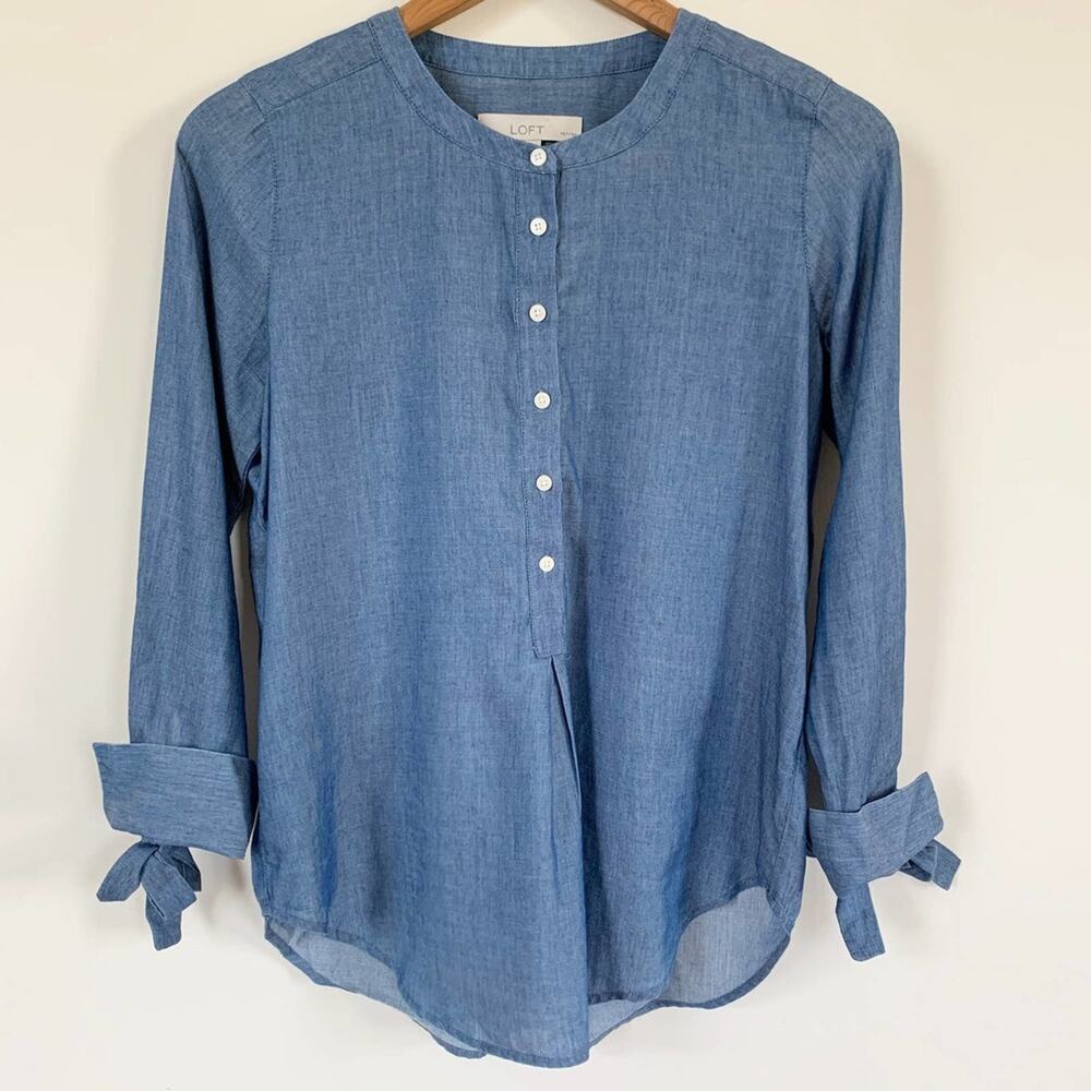 LOFT Chambray Blouse Womens XXSP Tie Sleeve Henley Button Front Blue Lyocell